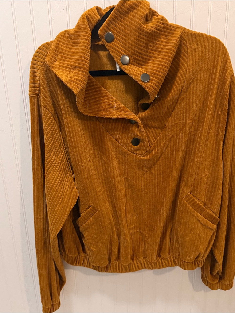 Free People Corduroy Snap-Front Mock Neck Sweater in Mustard
